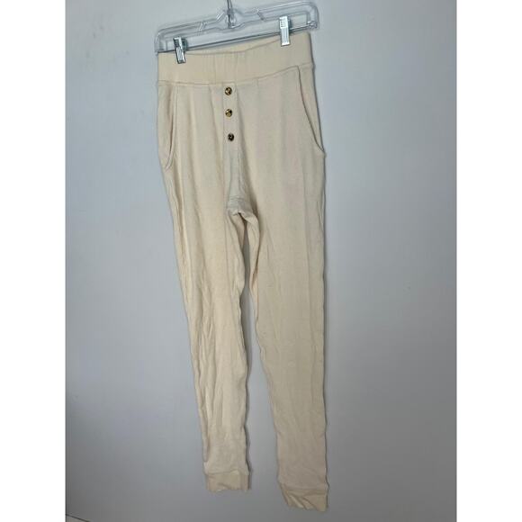Donni Thermal Lounge Pants Women M Cream Button Front Ribbed Pull On - Picture 8 of 8